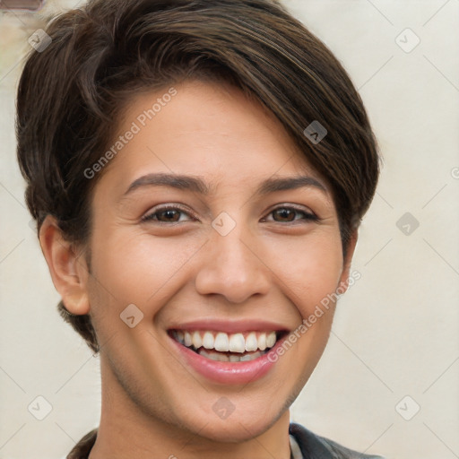 Joyful white young-adult female with short  brown hair and brown eyes