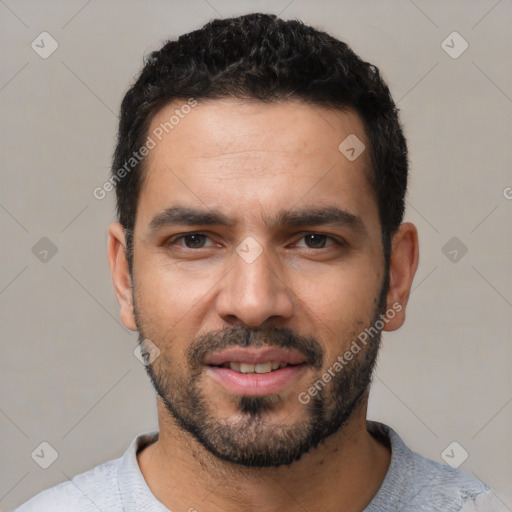 Joyful white young-adult male with short  black hair and brown eyes