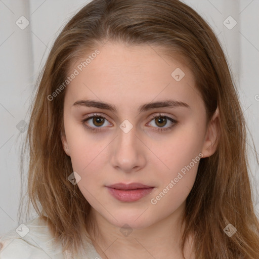 Neutral white young-adult female with long  brown hair and brown eyes