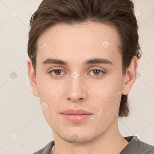 Neutral white young-adult male with short  brown hair and brown eyes