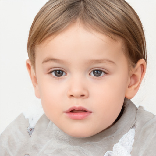 Neutral white child female with medium  brown hair and grey eyes