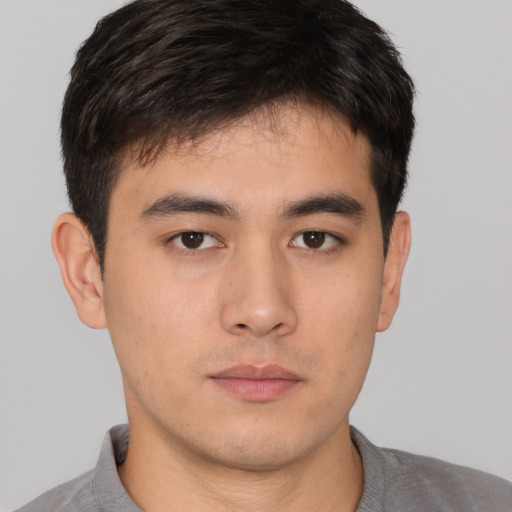 Neutral asian young-adult male with short  brown hair and brown eyes