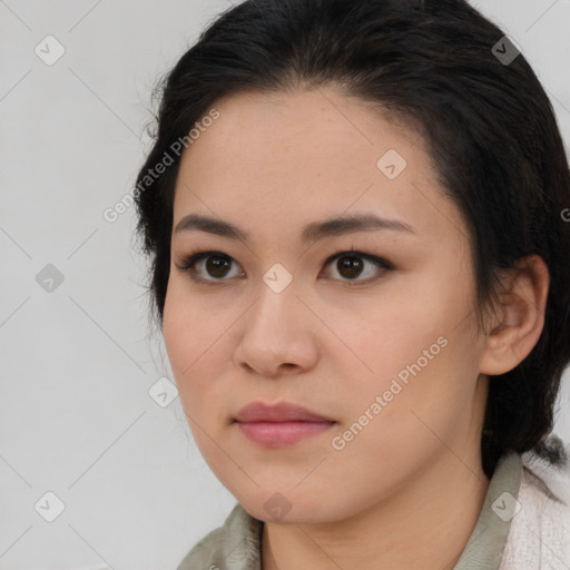 Neutral asian young-adult female with medium  brown hair and brown eyes