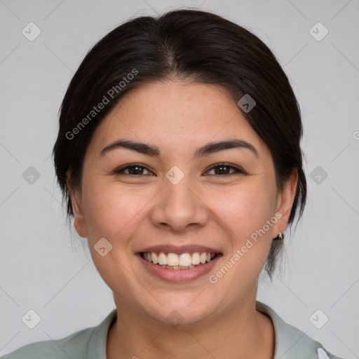 Joyful white young-adult female with medium  brown hair and brown eyes