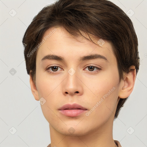 Neutral white young-adult female with short  brown hair and brown eyes