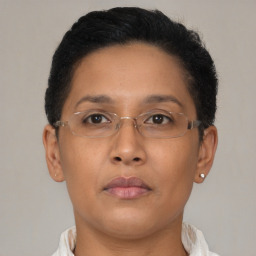 Neutral asian adult female with short  brown hair and brown eyes
