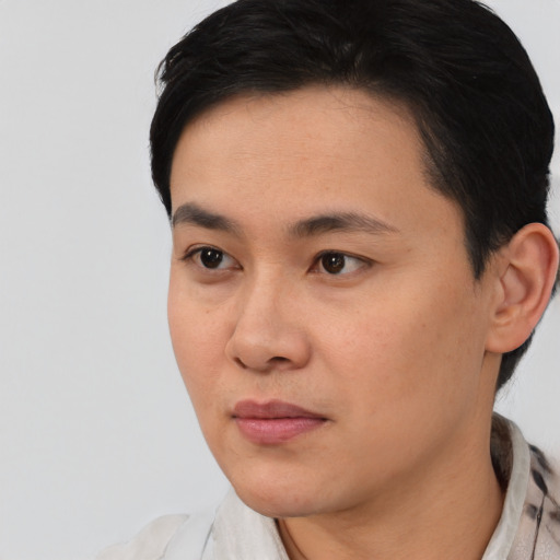 Neutral asian young-adult male with short  black hair and brown eyes