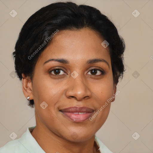 Joyful latino young-adult female with short  brown hair and brown eyes