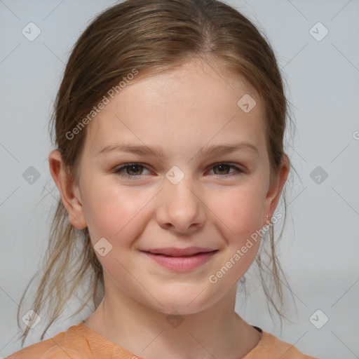 Joyful white child female with medium  brown hair and brown eyes