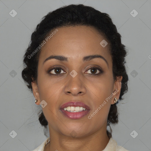Joyful black young-adult female with medium  brown hair and brown eyes
