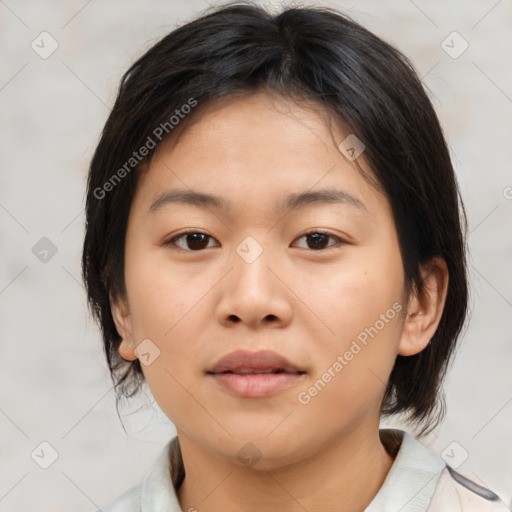 Neutral asian young-adult female with medium  brown hair and brown eyes