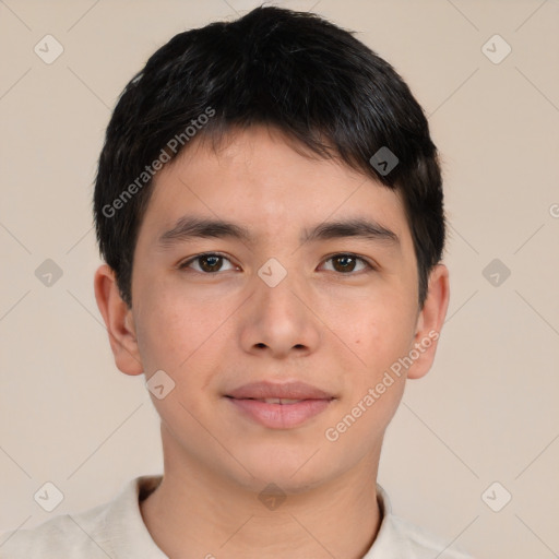 Neutral asian young-adult male with short  brown hair and brown eyes