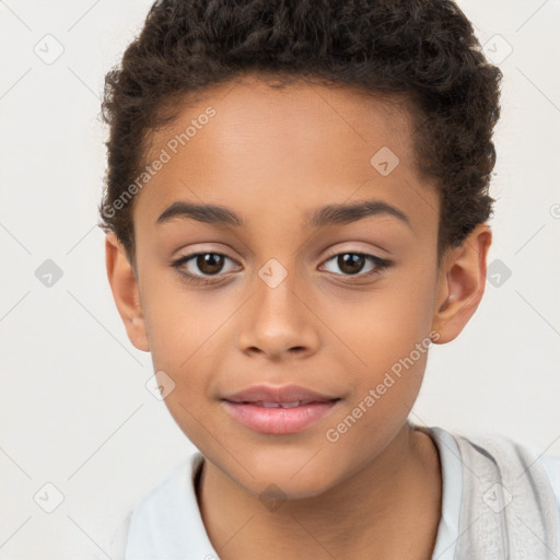 Joyful white child female with short  brown hair and brown eyes