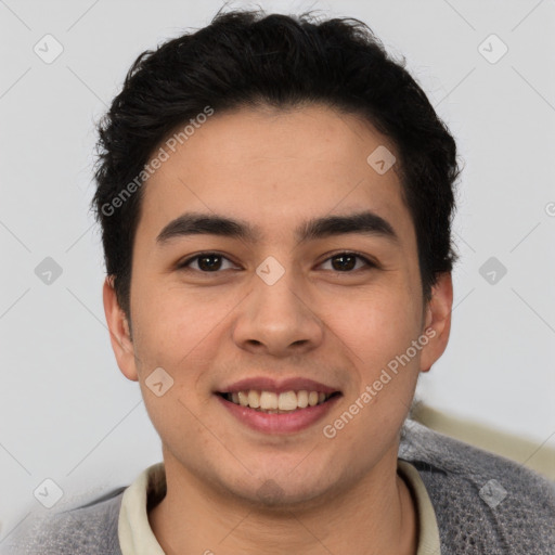 Joyful latino young-adult male with short  brown hair and brown eyes