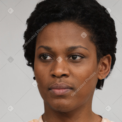 Neutral black young-adult female with short  black hair and brown eyes