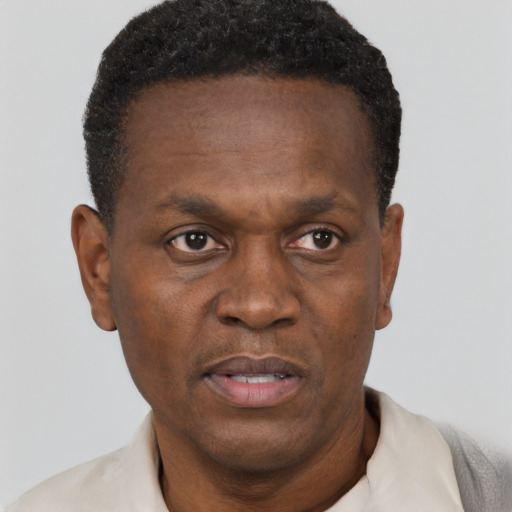 Neutral black adult male with short  black hair and brown eyes