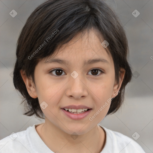 Joyful white child female with medium  brown hair and brown eyes