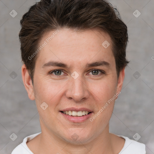 Joyful white young-adult female with short  brown hair and grey eyes