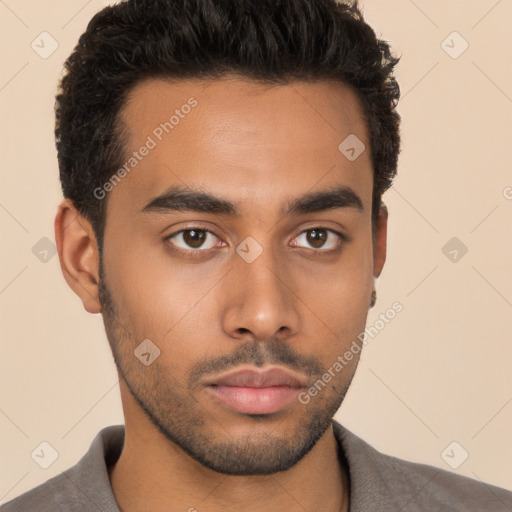 Neutral latino young-adult male with short  black hair and brown eyes