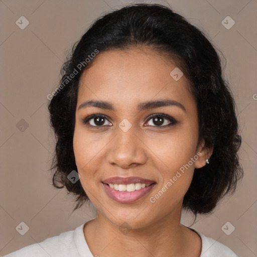 Joyful latino young-adult female with medium  black hair and brown eyes