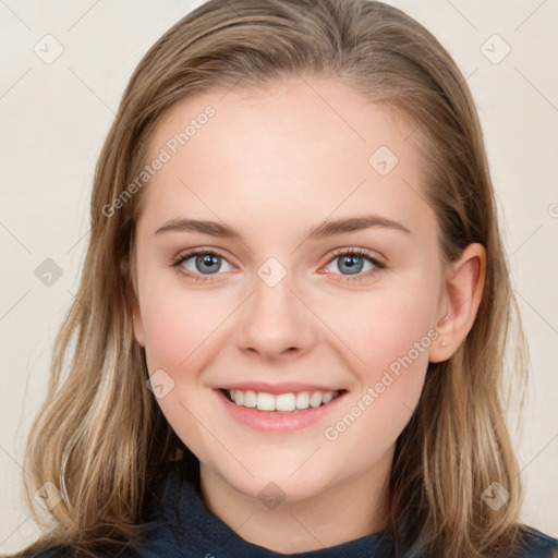 Joyful white young-adult female with medium  brown hair and blue eyes