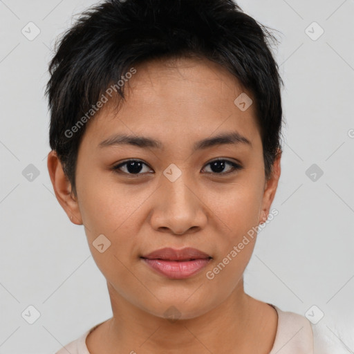 Joyful asian young-adult female with short  brown hair and brown eyes