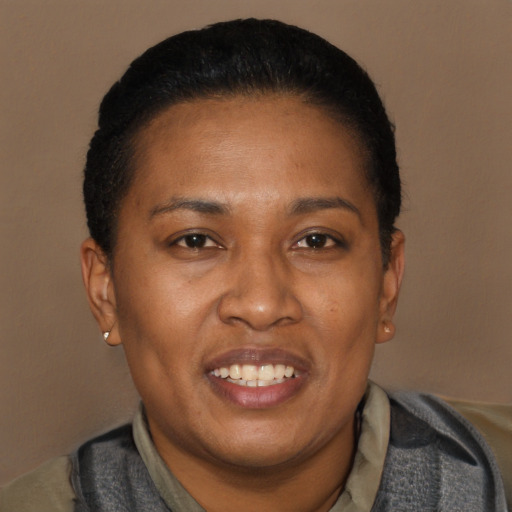 Joyful latino young-adult female with short  black hair and brown eyes
