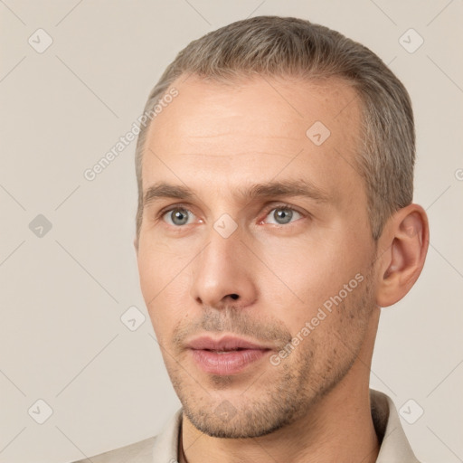 Neutral white adult male with short  brown hair and brown eyes