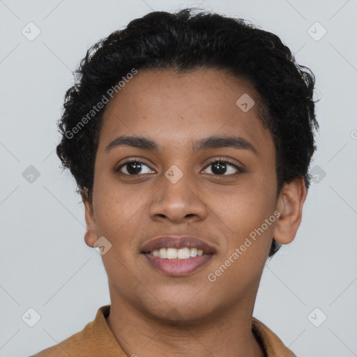 Joyful latino young-adult female with short  brown hair and brown eyes