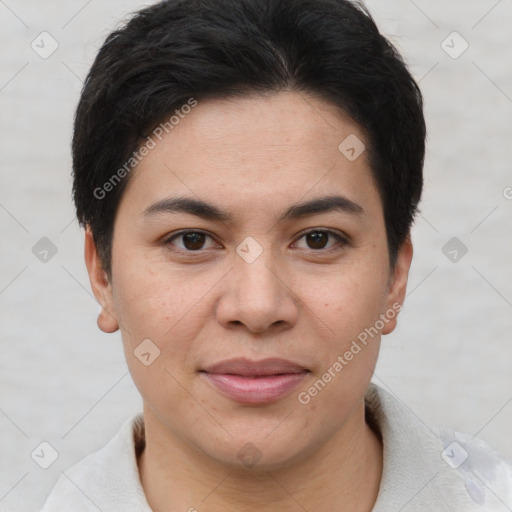 Joyful asian young-adult female with short  brown hair and brown eyes