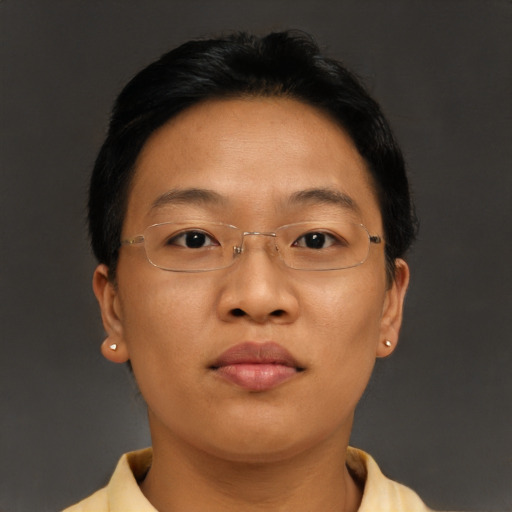 Neutral asian young-adult female with short  brown hair and brown eyes