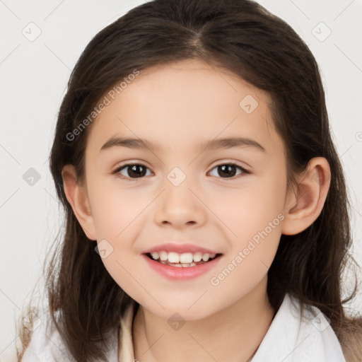 Joyful white child female with medium  brown hair and brown eyes