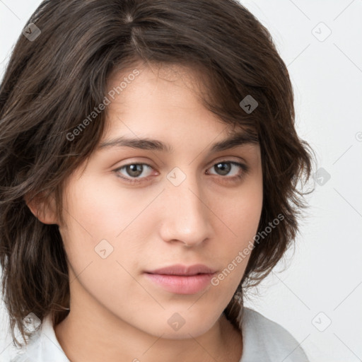 Neutral white young-adult female with medium  brown hair and brown eyes