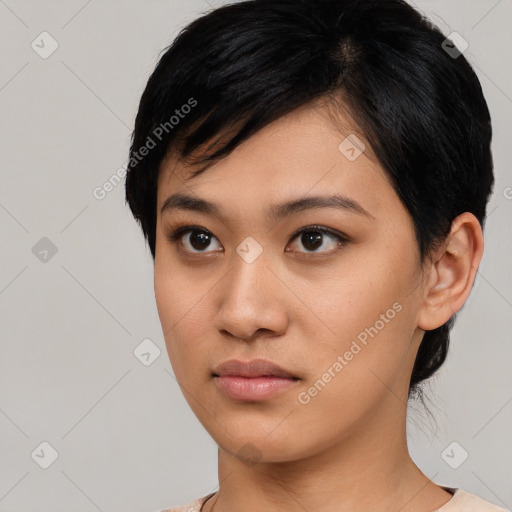 Neutral asian young-adult female with short  black hair and brown eyes