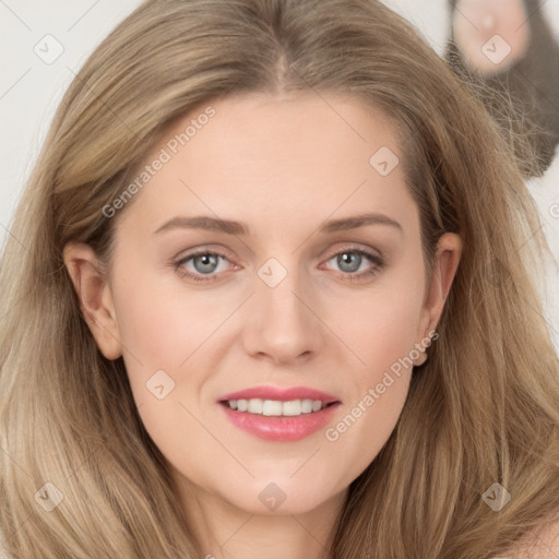 Joyful white young-adult female with long  brown hair and grey eyes