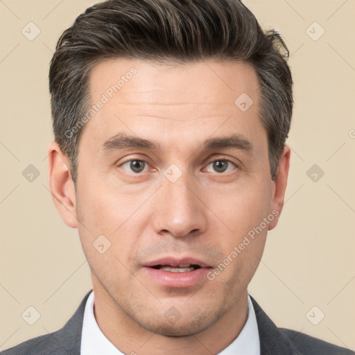 Neutral white adult male with short  brown hair and brown eyes