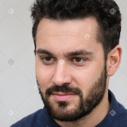 Neutral white young-adult male with short  black hair and brown eyes