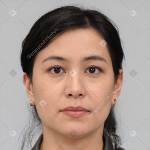 Neutral asian young-adult female with medium  brown hair and brown eyes