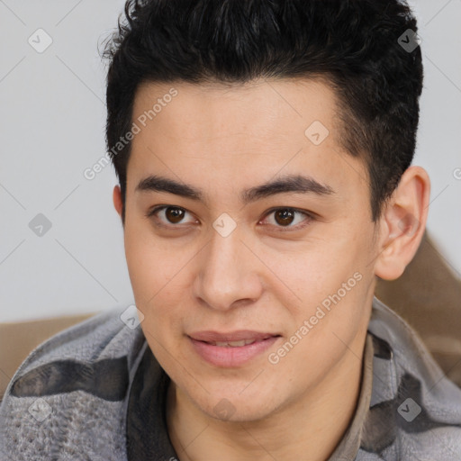 Joyful latino young-adult male with short  brown hair and brown eyes