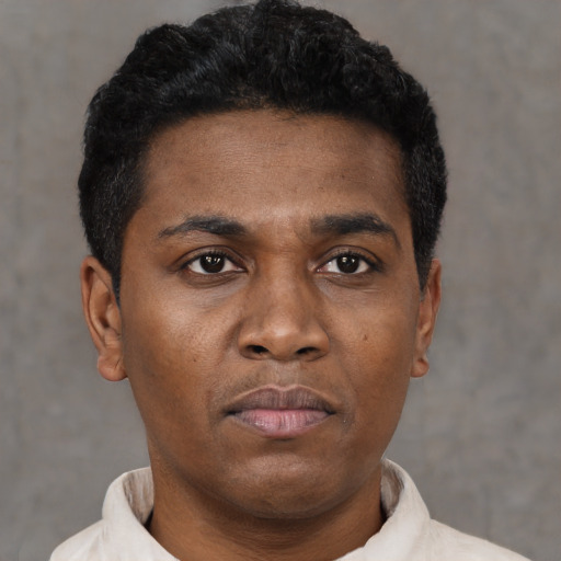 Neutral black young-adult male with short  black hair and brown eyes
