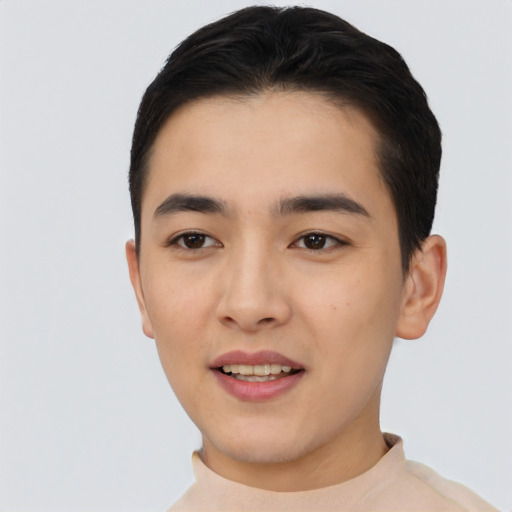 Joyful asian young-adult male with short  black hair and brown eyes
