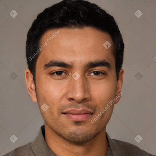 Neutral asian young-adult male with short  black hair and brown eyes