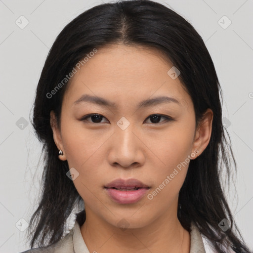 Neutral asian young-adult female with medium  black hair and brown eyes