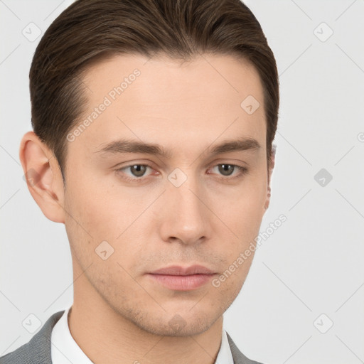 Neutral white young-adult male with short  brown hair and brown eyes