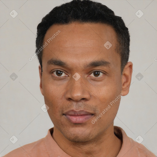 Neutral latino young-adult male with short  black hair and brown eyes