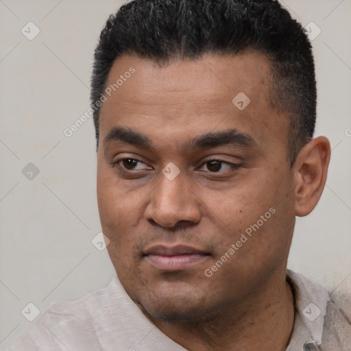 Joyful latino young-adult male with short  black hair and brown eyes