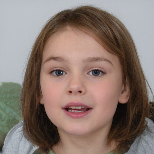 Neutral white child female with medium  brown hair and blue eyes