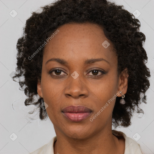 Joyful black adult female with medium  brown hair and brown eyes