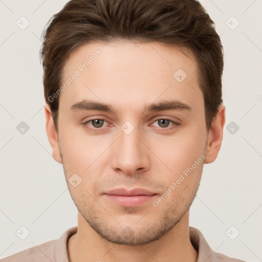 Neutral white young-adult male with short  brown hair and brown eyes