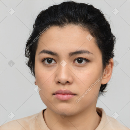 Neutral asian young-adult female with medium  brown hair and brown eyes